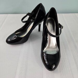 Massini Black Patent Leather Baby Jane Ankle Strap Heels 3.5" - Size 6